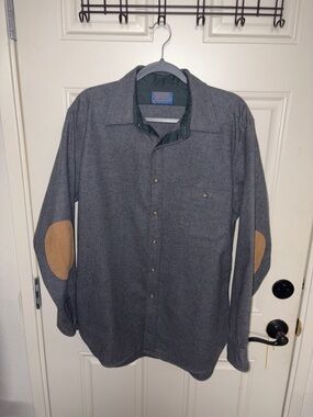 Pendleton Gray Button-Down Shirt with Tan Elbow Patches